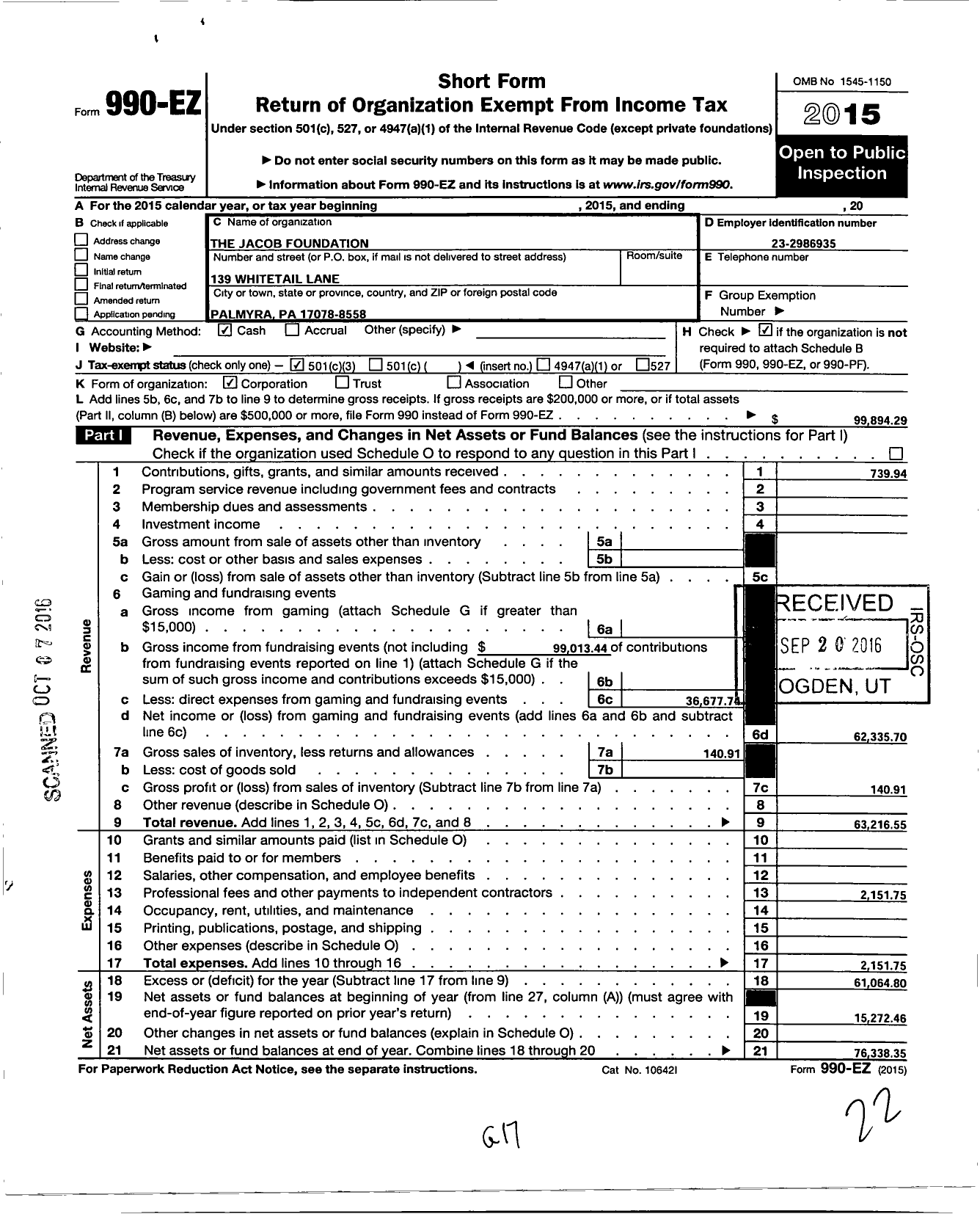 Image of first page of 2015 Form 990EZ for Jacob Foundation