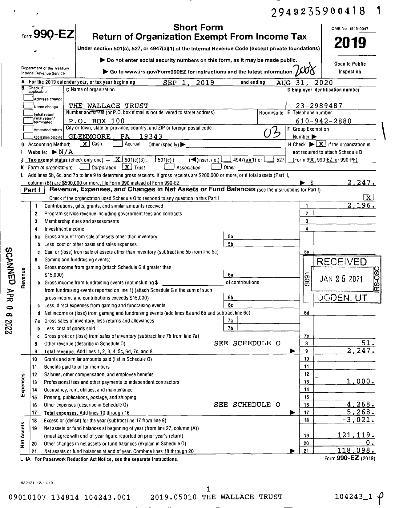 Image of first page of 2019 Form 990EZ for The Wallace Trust