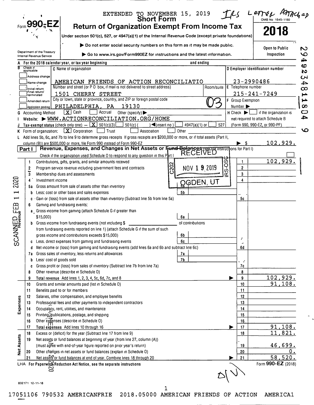 Image of first page of 2018 Form 990EZ for American Friends of Action Reconciliation Service for Peace