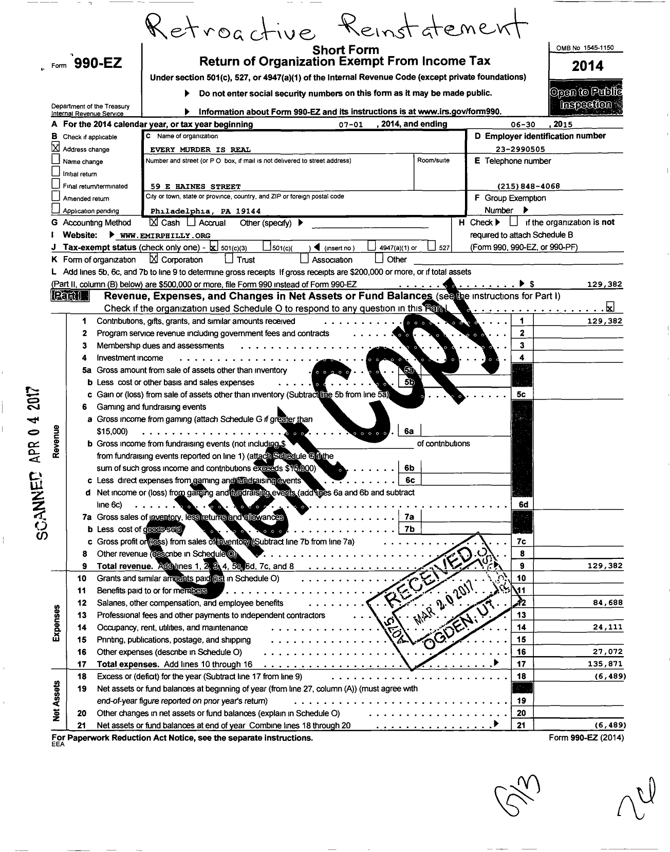 Image of first page of 2014 Form 990EZ for Every Murder Is Real