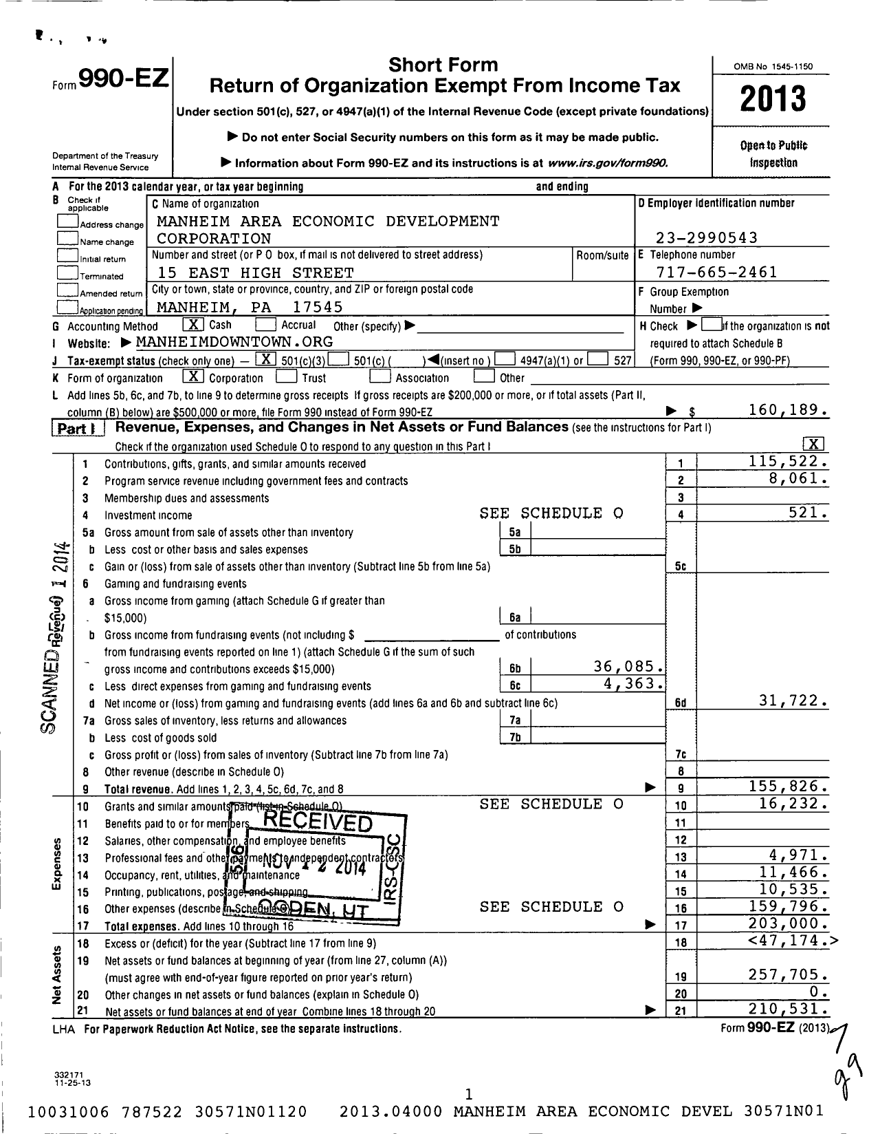 Image of first page of 2013 Form 990EZ for Manheim Area Economic Development Corporation