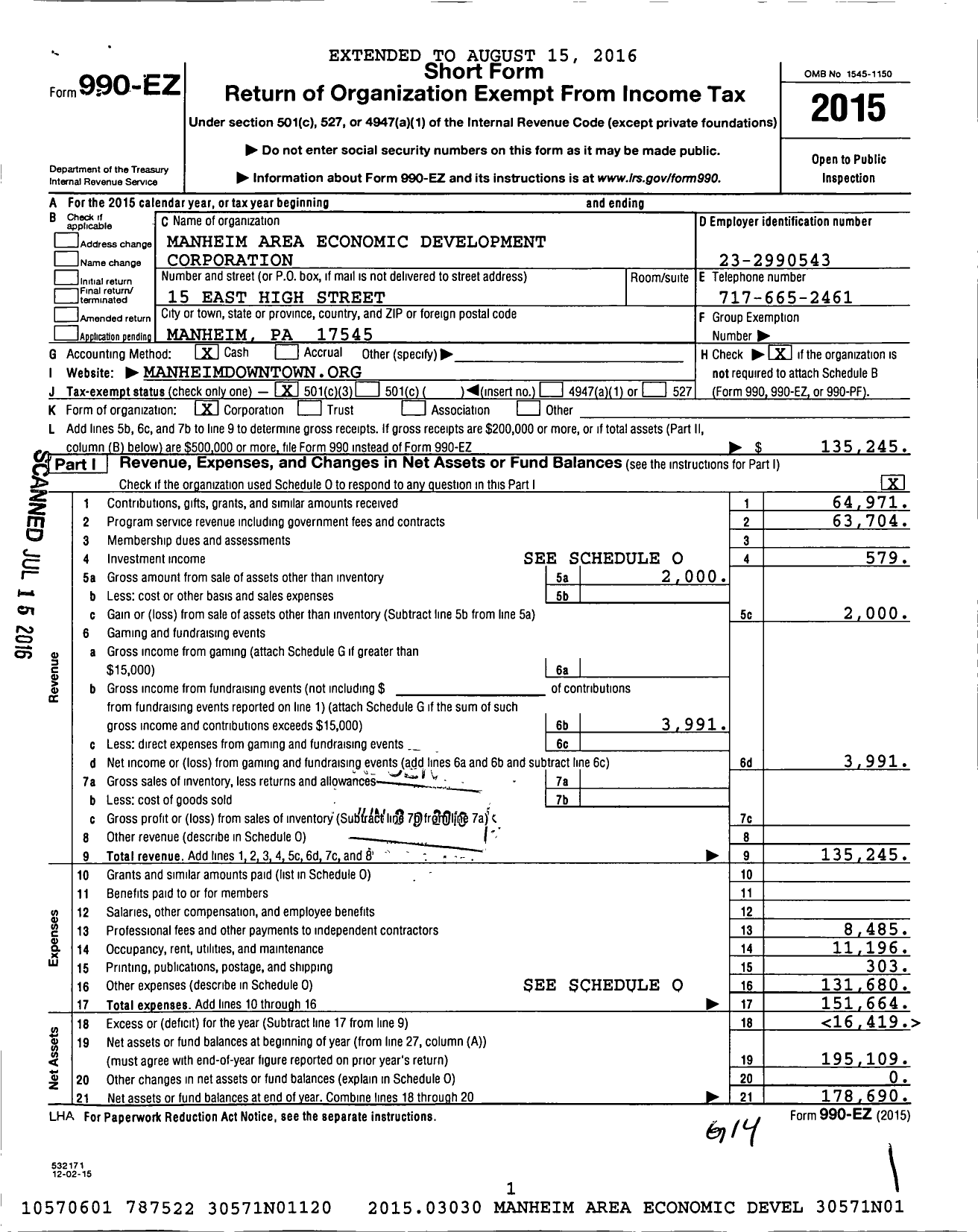 Image of first page of 2015 Form 990EZ for Manheim Area Economic Development Corporation