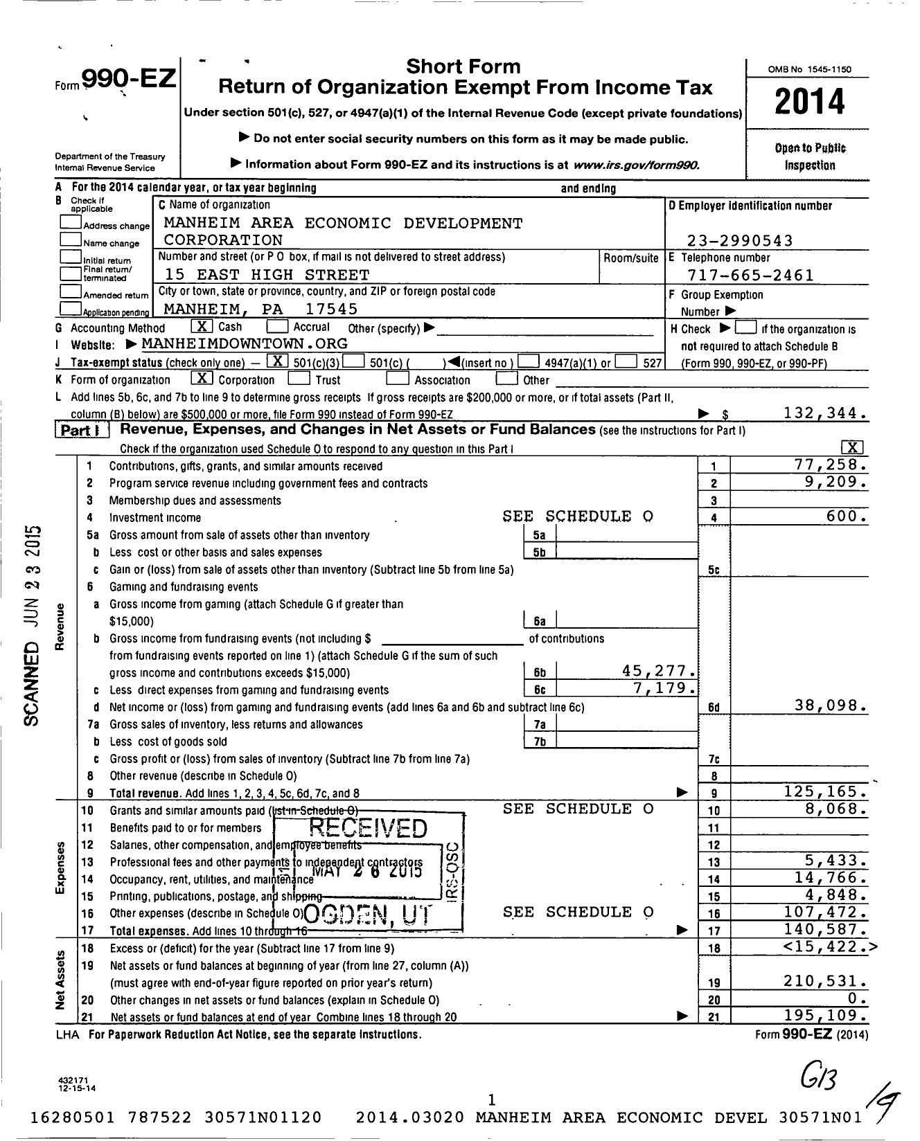 Image of first page of 2014 Form 990EZ for Manheim Area Economic Development Corporation