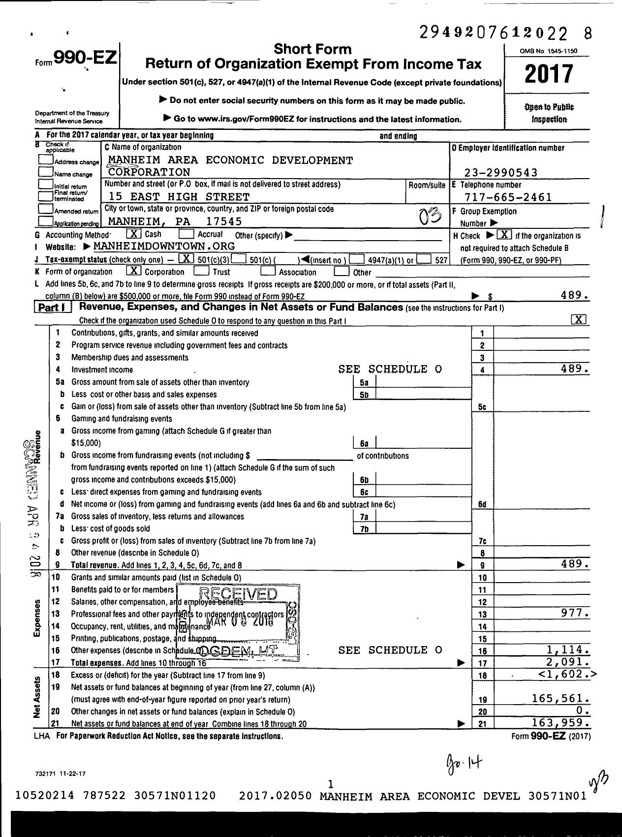 Image of first page of 2017 Form 990EZ for Manheim Area Economic Development Corporation