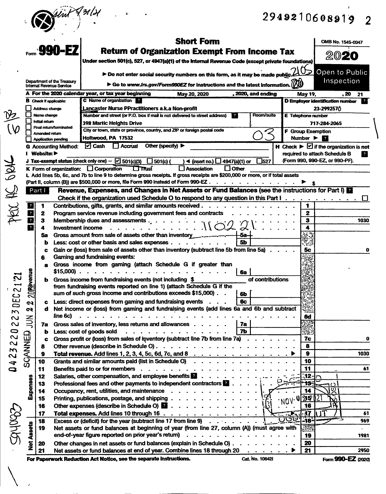 Image of first page of 2020 Form 990EZ for Lancaster County Nurse Practitioners (LCNP)