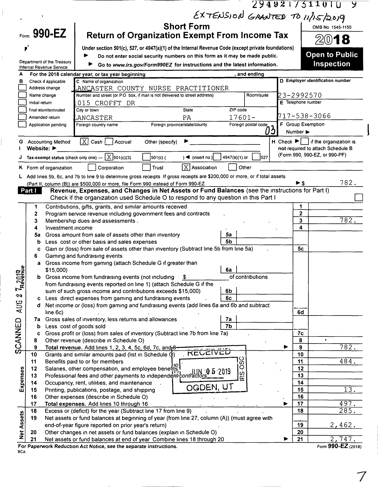 Image of first page of 2018 Form 990EZ for Lancaster County Nurse Practitioners (LCNP)