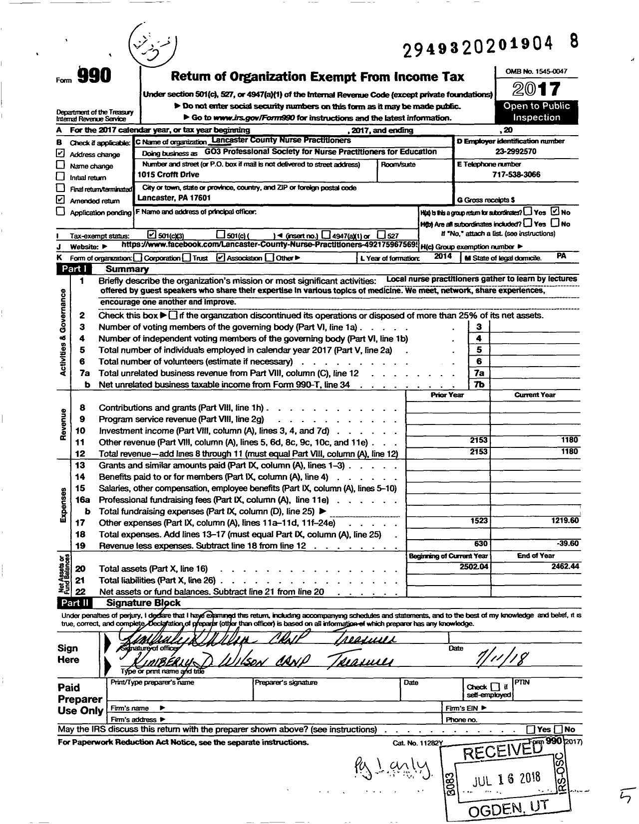 Image of first page of 2017 Form 990 for Lancaster County Nurse Practitioners (LCNP)