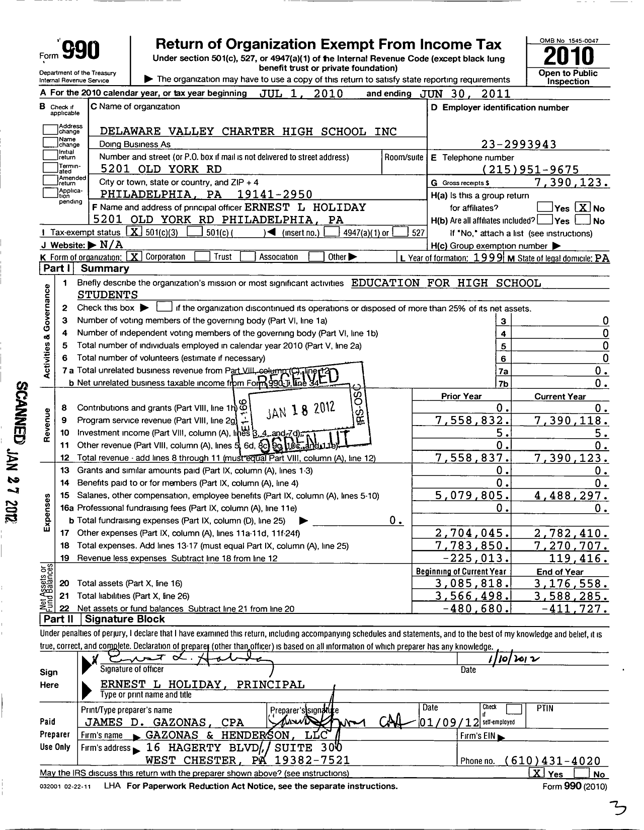 Image of first page of 2010 Form 990 for Delaware Valley Charter High School (DVCHS)