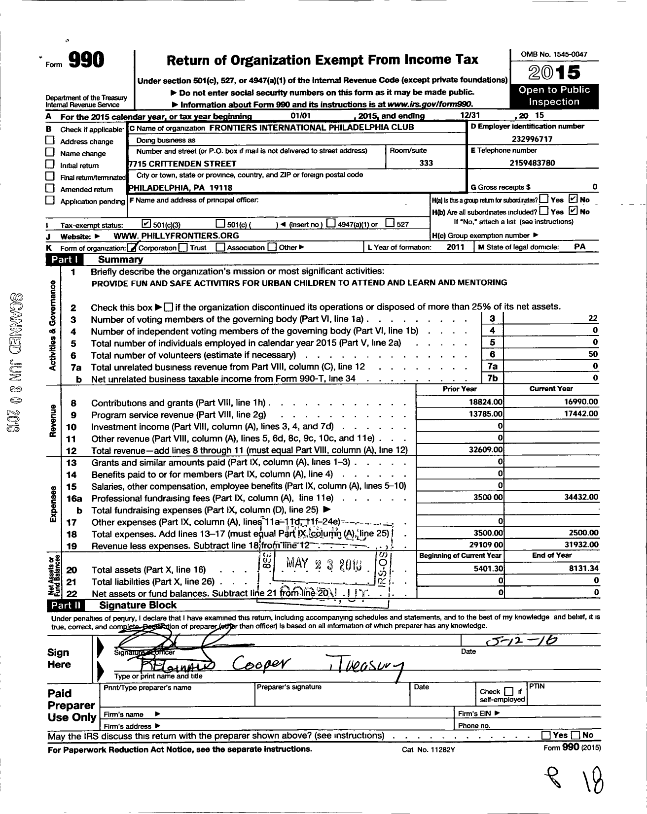 Image of first page of 2015 Form 990 for Philadelphia Club of Frontiers International