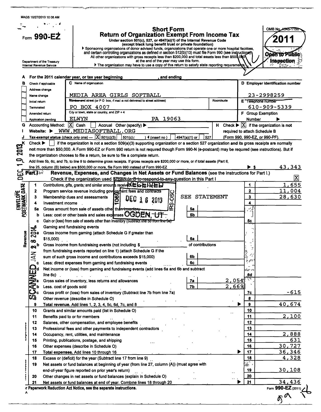 Image of first page of 2011 Form 990EZ for Media Area Girls Softball