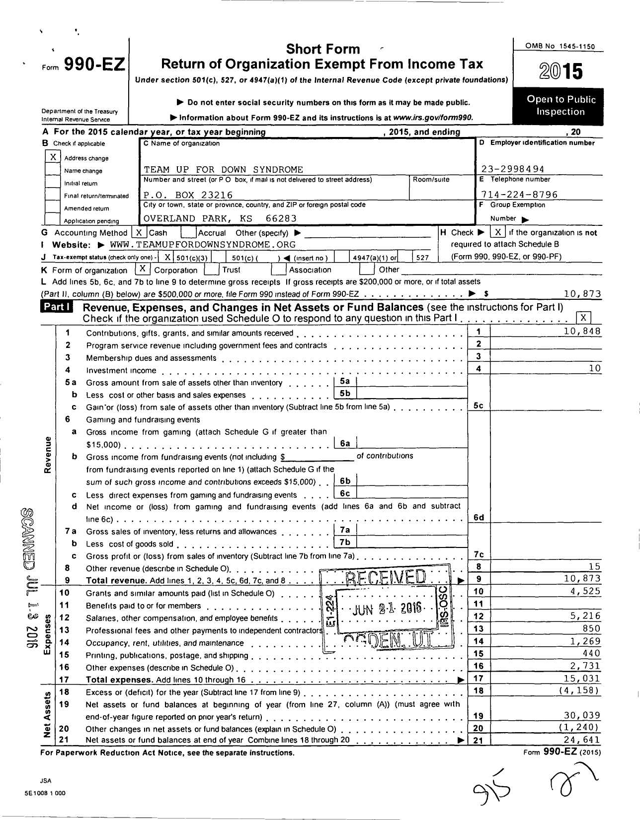 Image of first page of 2015 Form 990EZ for Team Up for Down Syndrome