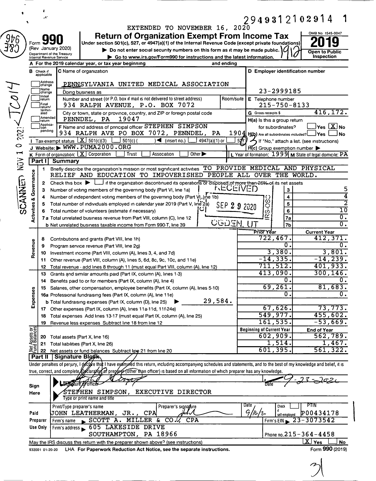 Image of first page of 2019 Form 990 for Pennsylvania United Medical Association