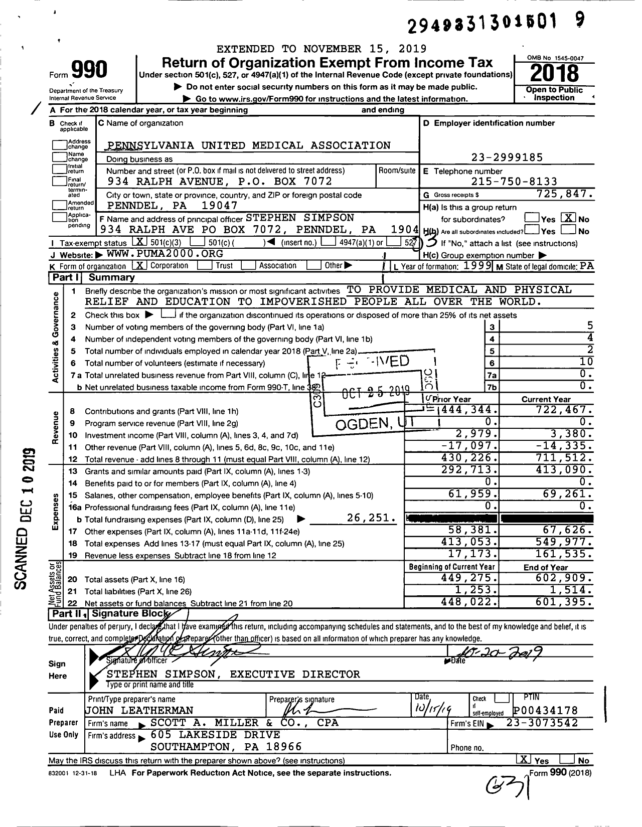 Image of first page of 2018 Form 990 for Pennsylvania United Medical Association
