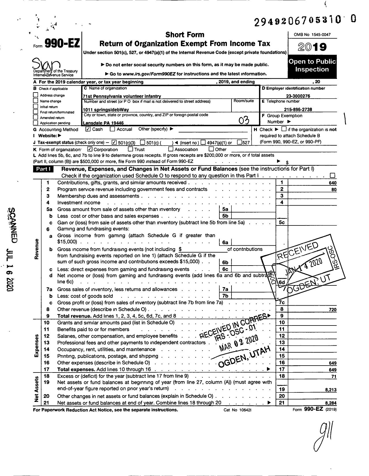 Image of first page of 2019 Form 990EZ for 71st Pennsylvania Volunteer Infantry