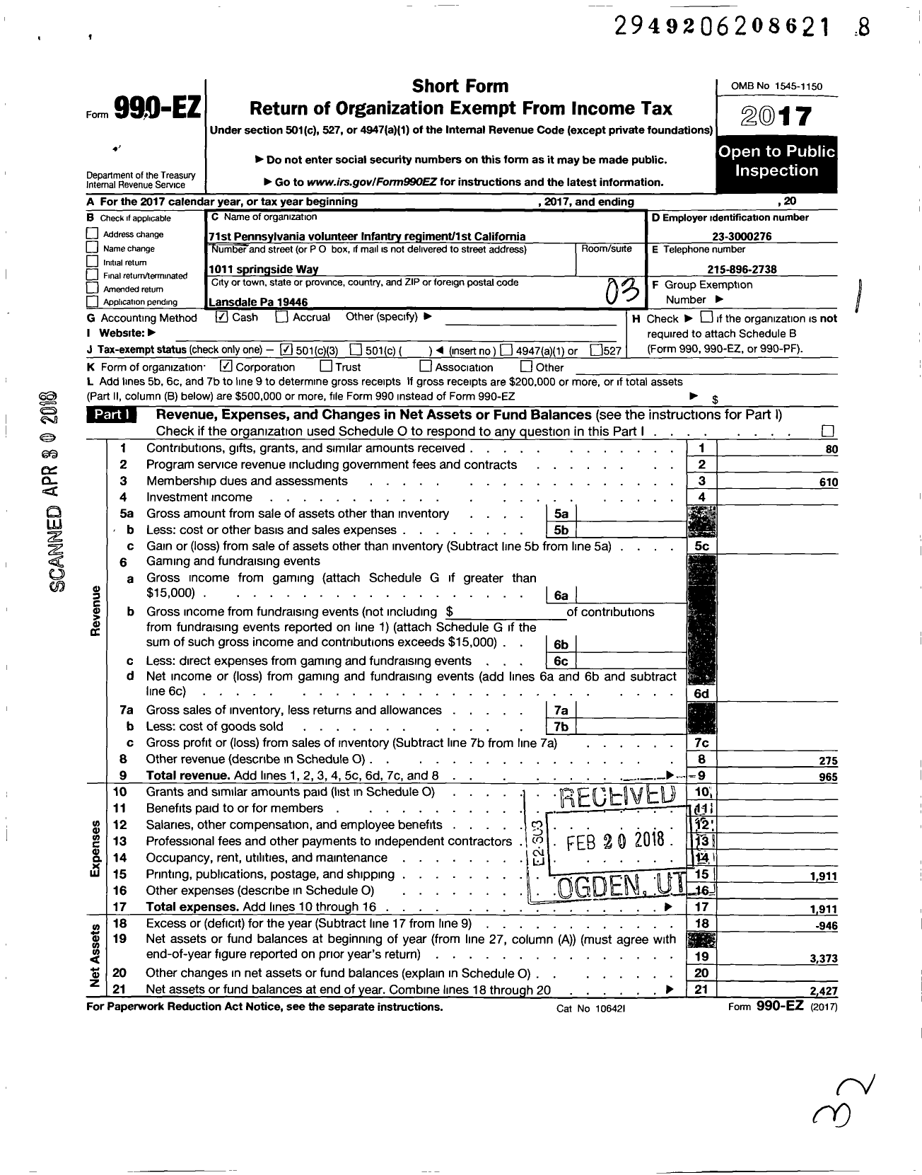 Image of first page of 2017 Form 990EZ for 71st Pennsylvania Volunteer Infantry