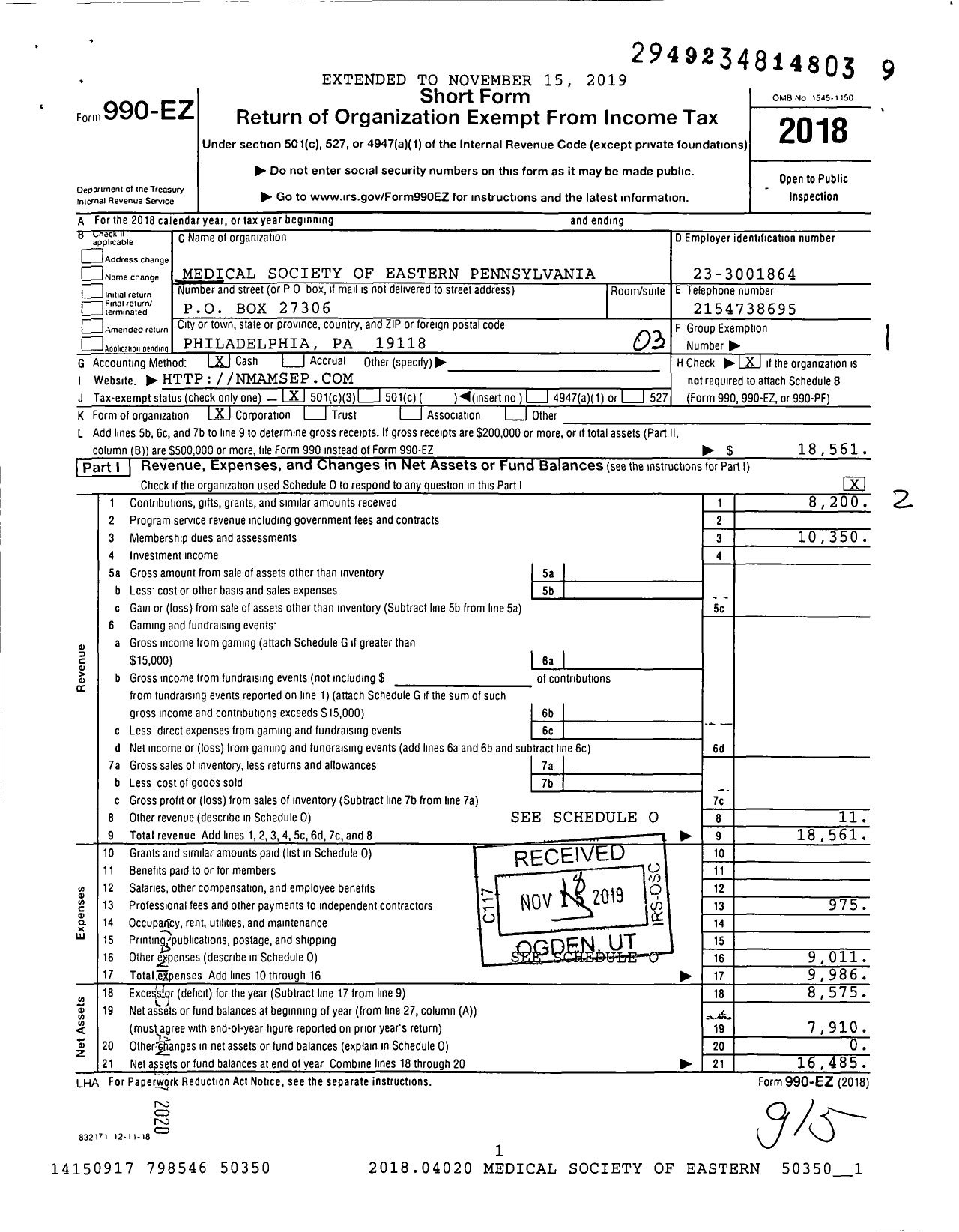 Image of first page of 2018 Form 990EZ for Medical Society of Eastern Pennsylvania