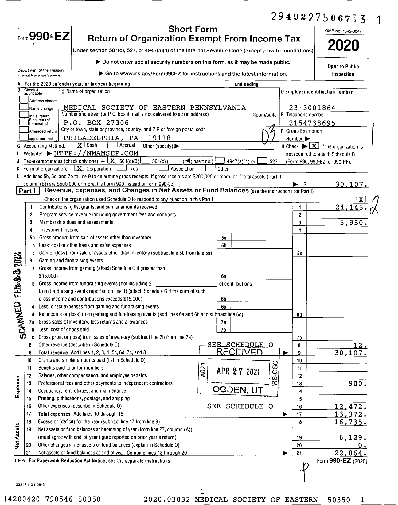 Image of first page of 2020 Form 990EZ for Medical Society of Eastern Pennsylvania