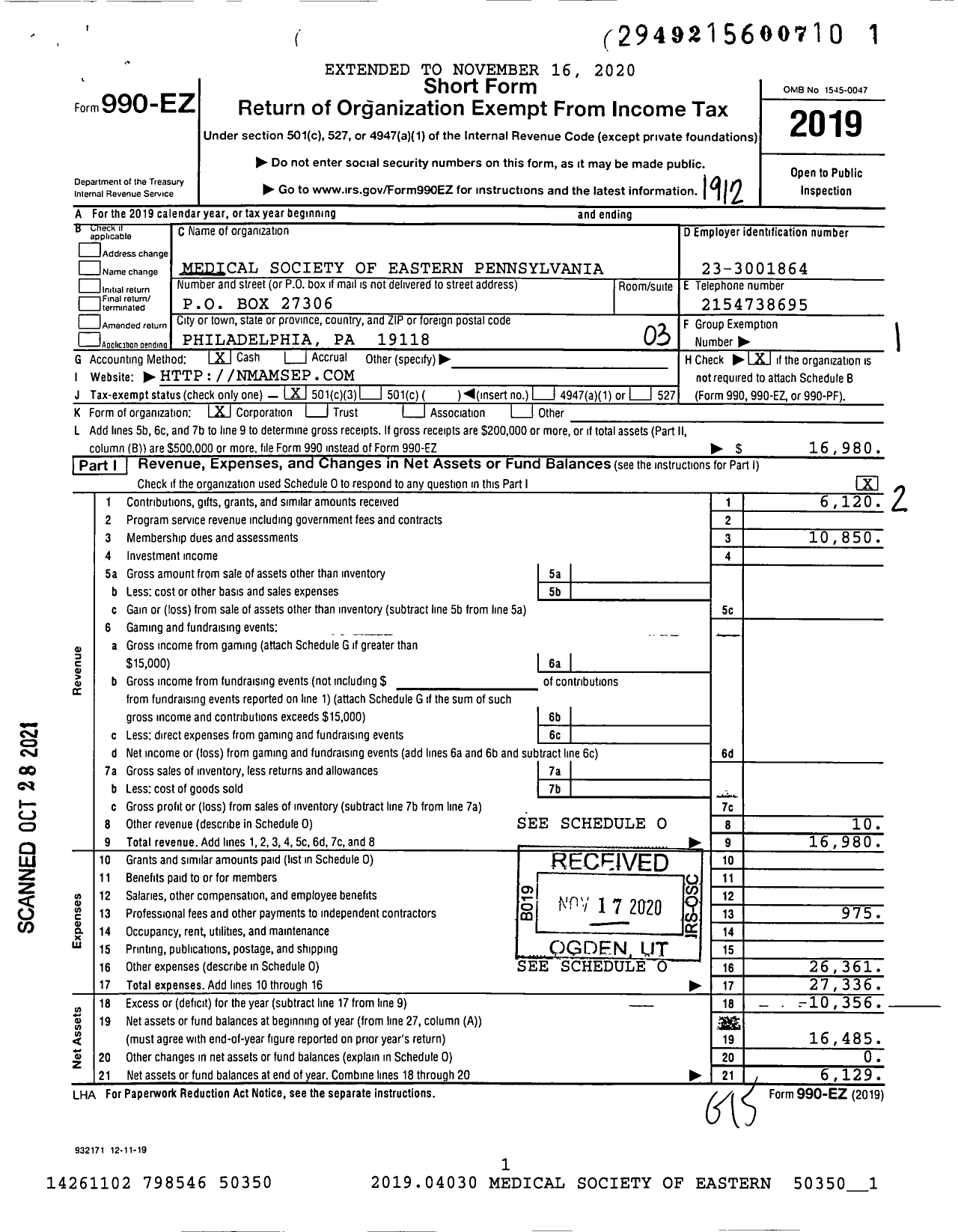 Image of first page of 2019 Form 990EZ for Medical Society of Eastern Pennsylvania