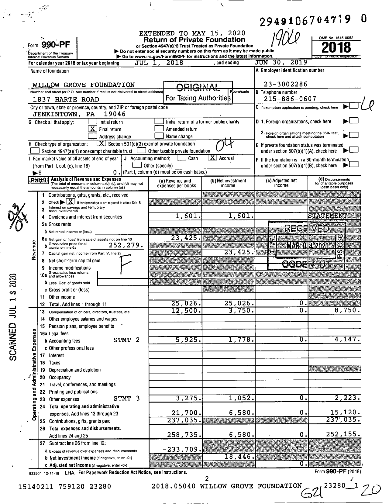 Image of first page of 2018 Form 990PR for Willow Grove Foundation