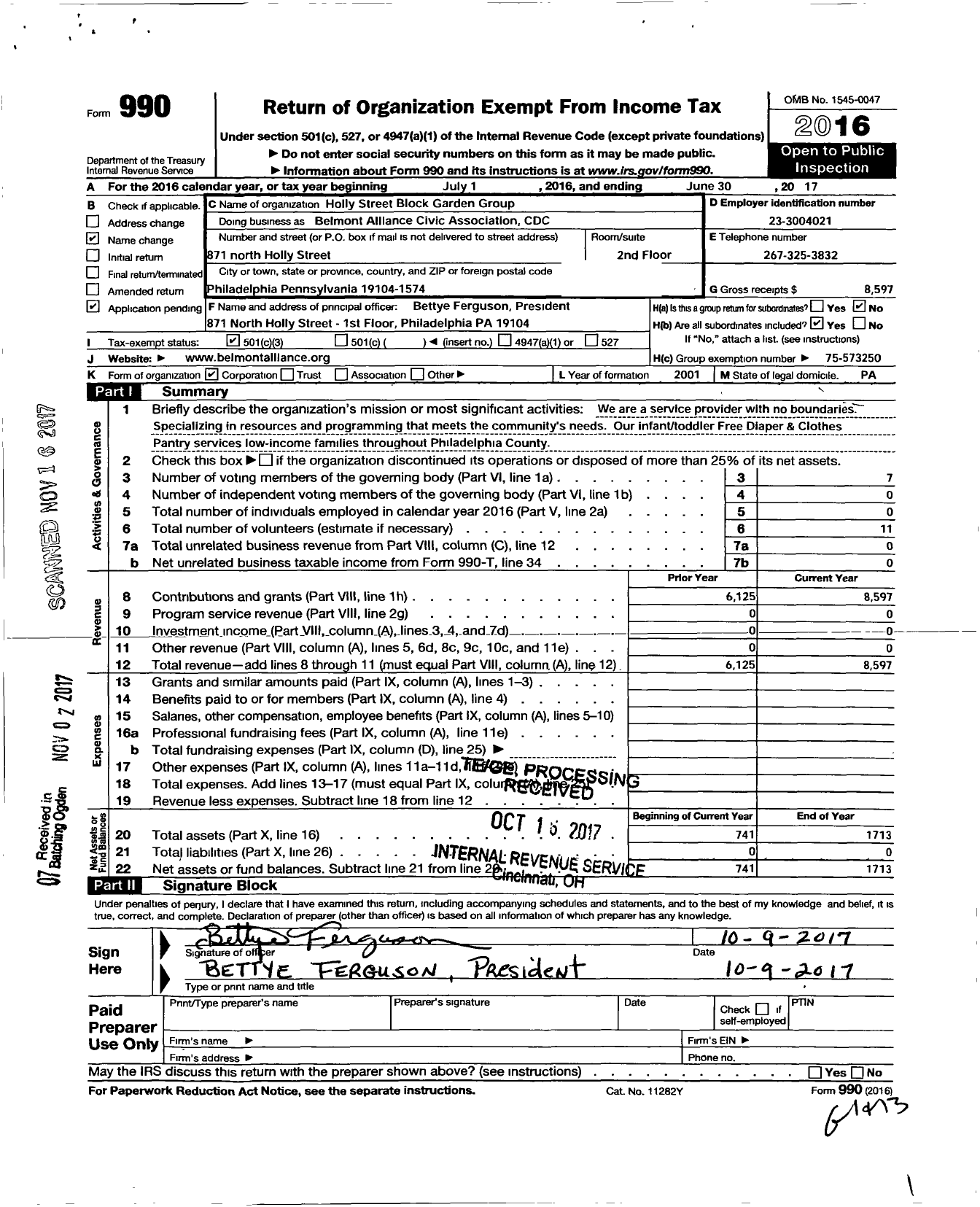 Image of first page of 2016 Form 990 for Belmont Alliance Civic Association Community Development Corporation