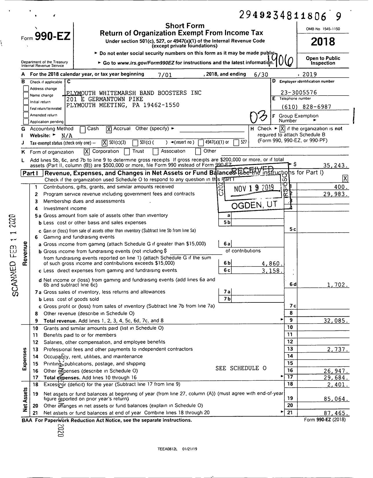 Image of first page of 2018 Form 990EZ for Plymouth Whitemarsh Band Boosters