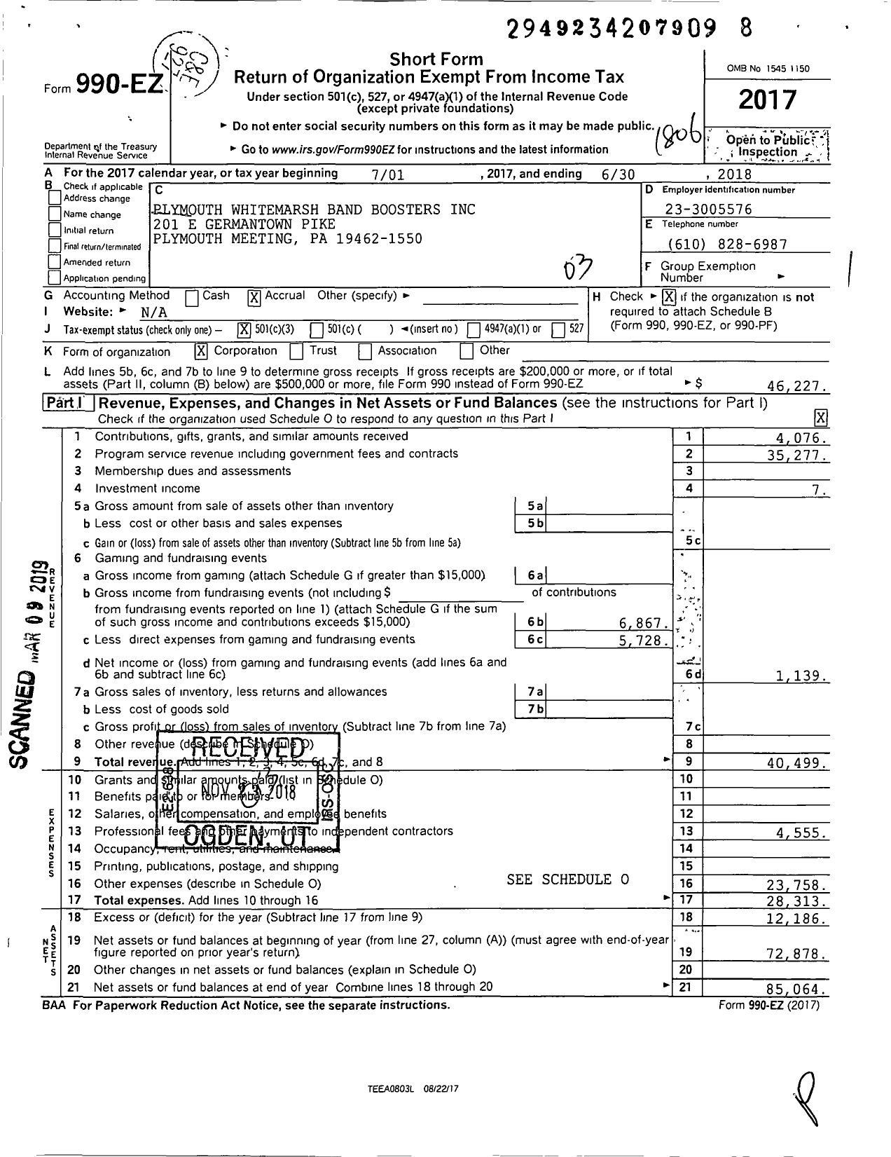 Image of first page of 2017 Form 990EZ for Plymouth Whitemarsh Band Boosters