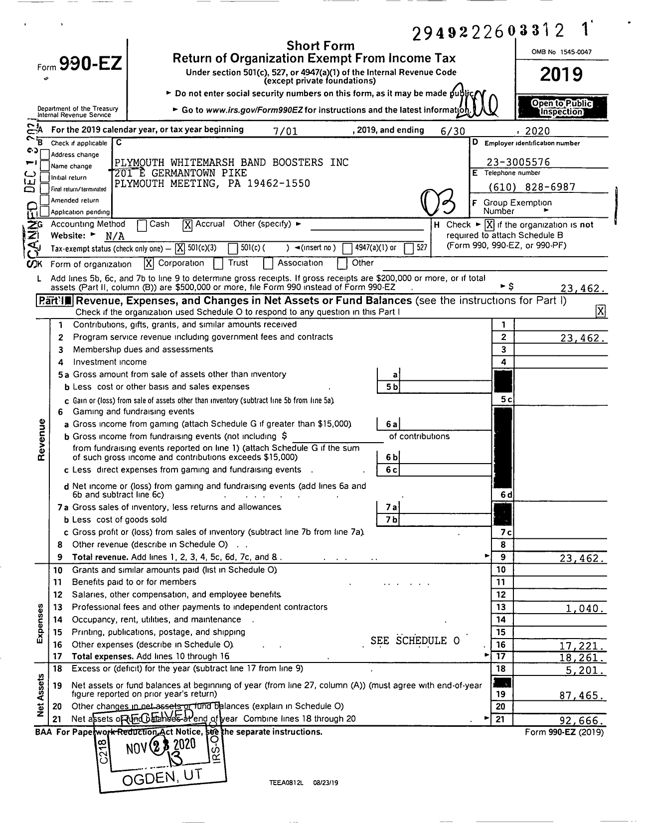 Image of first page of 2019 Form 990EZ for Plymouth Whitemarsh Band Boosters