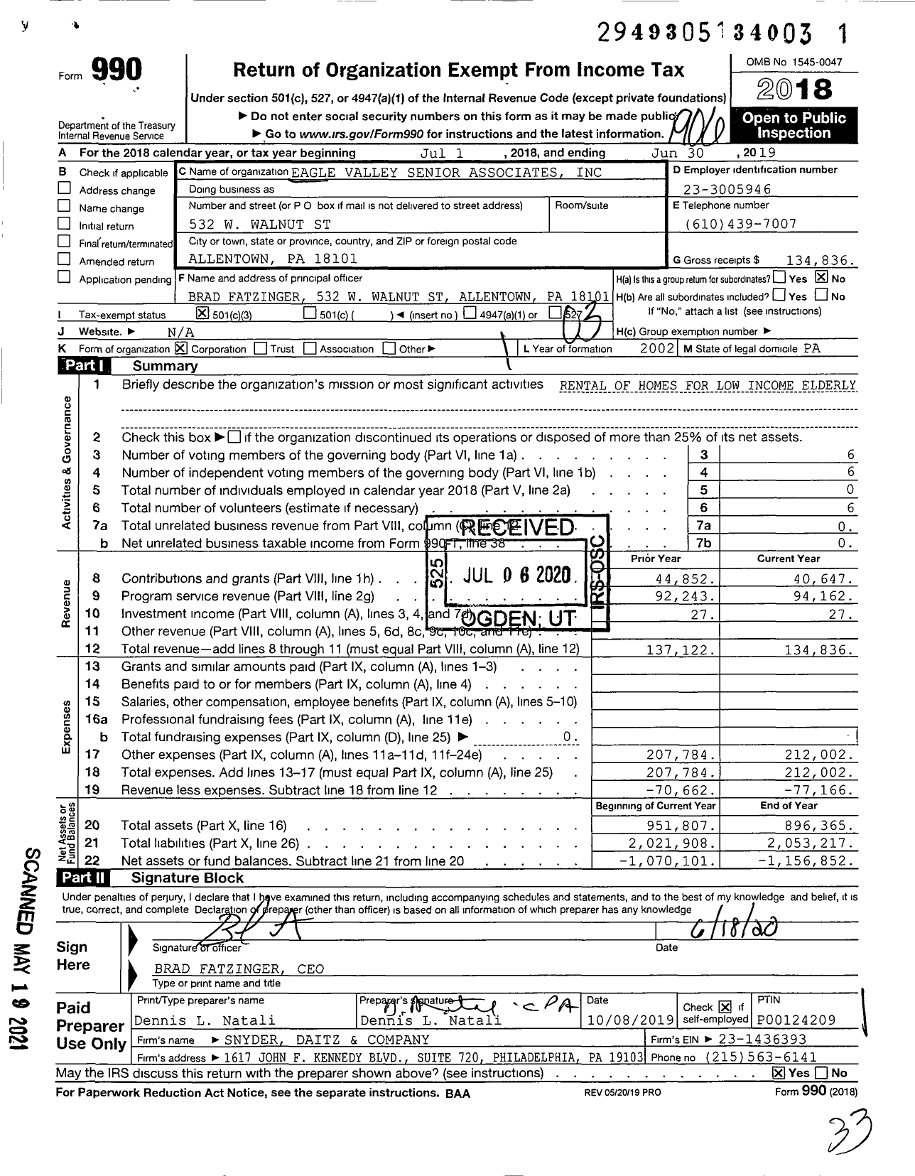Image of first page of 2018 Form 990 for Eagle Valley Senior Associates