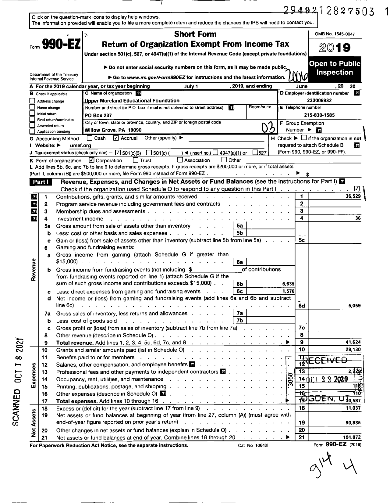 Image of first page of 2019 Form 990EZ for Upper Moreland Educational Foundation