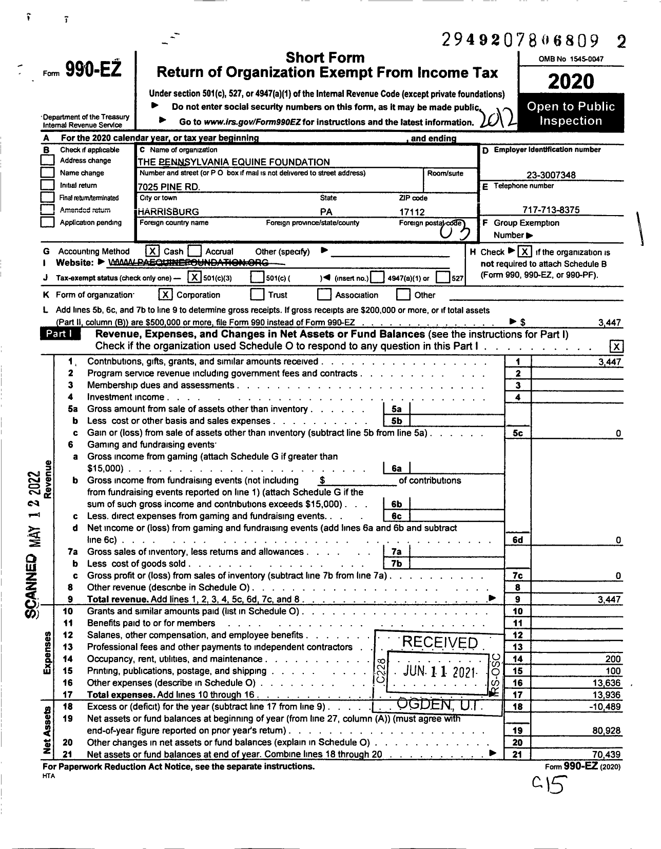 Image of first page of 2020 Form 990EZ for The Pennsylvania Equine Foundation