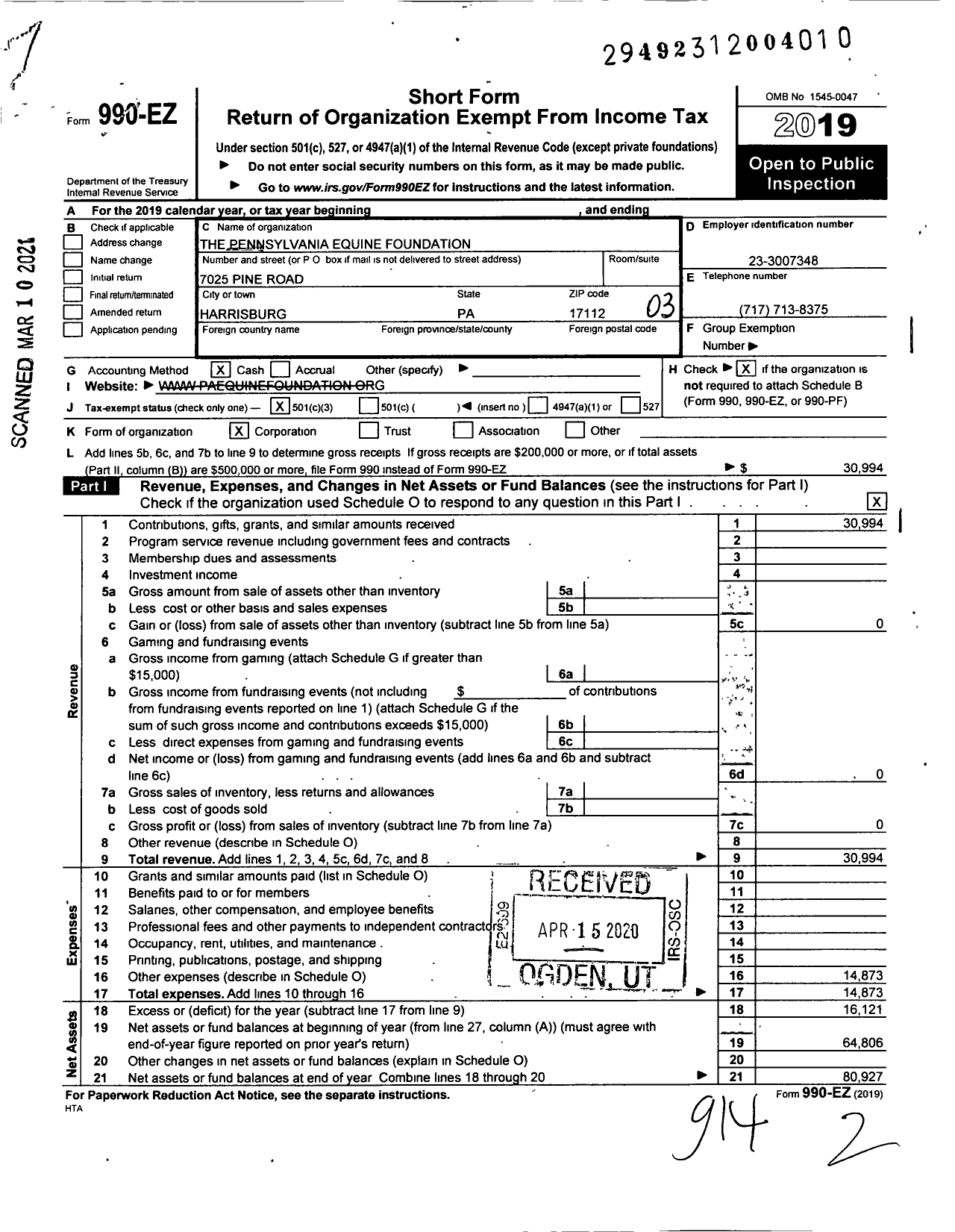 Image of first page of 2019 Form 990EZ for The Pennsylvania Equine Foundation