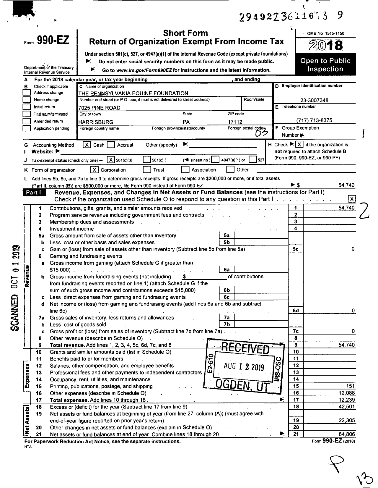 Image of first page of 2018 Form 990EZ for The Pennsylvania Equine Foundation