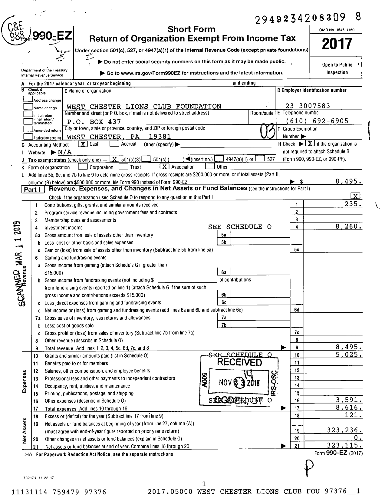 Image of first page of 2017 Form 990EZ for West Chester Lions Club Foundation