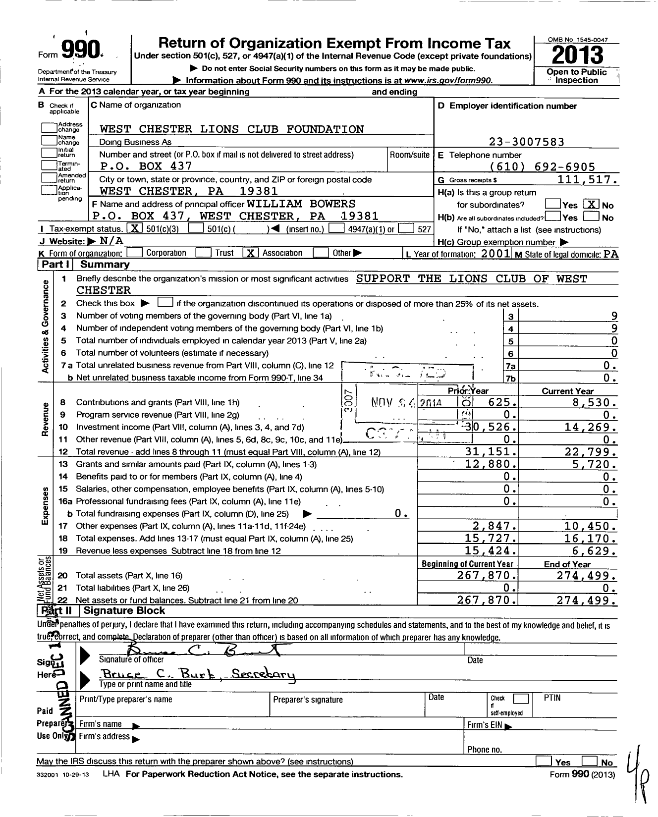 Image of first page of 2013 Form 990 for West Chester Lions Club Foundation