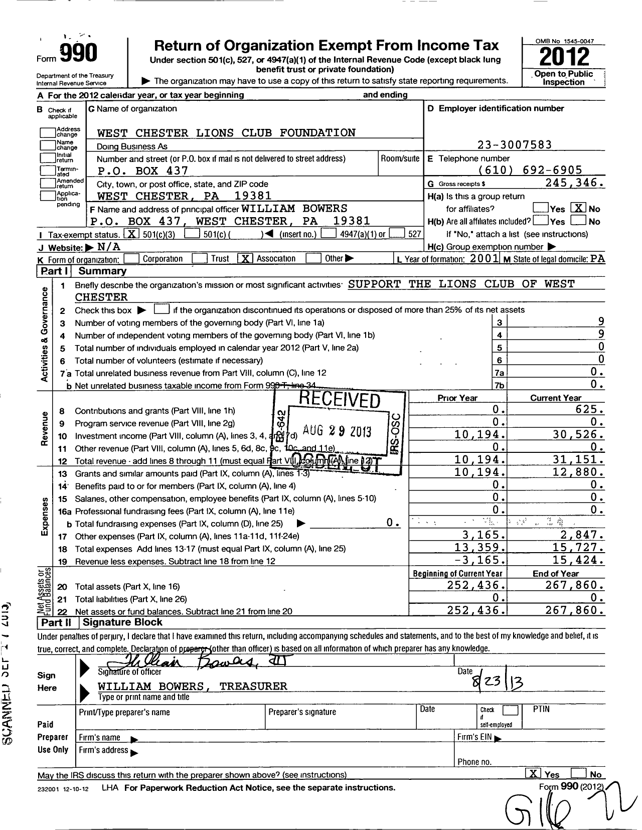 Image of first page of 2012 Form 990 for West Chester Lions Club Foundation