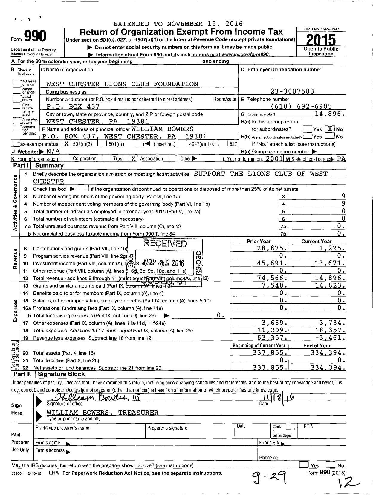 Image of first page of 2015 Form 990 for West Chester Lions Club Foundation