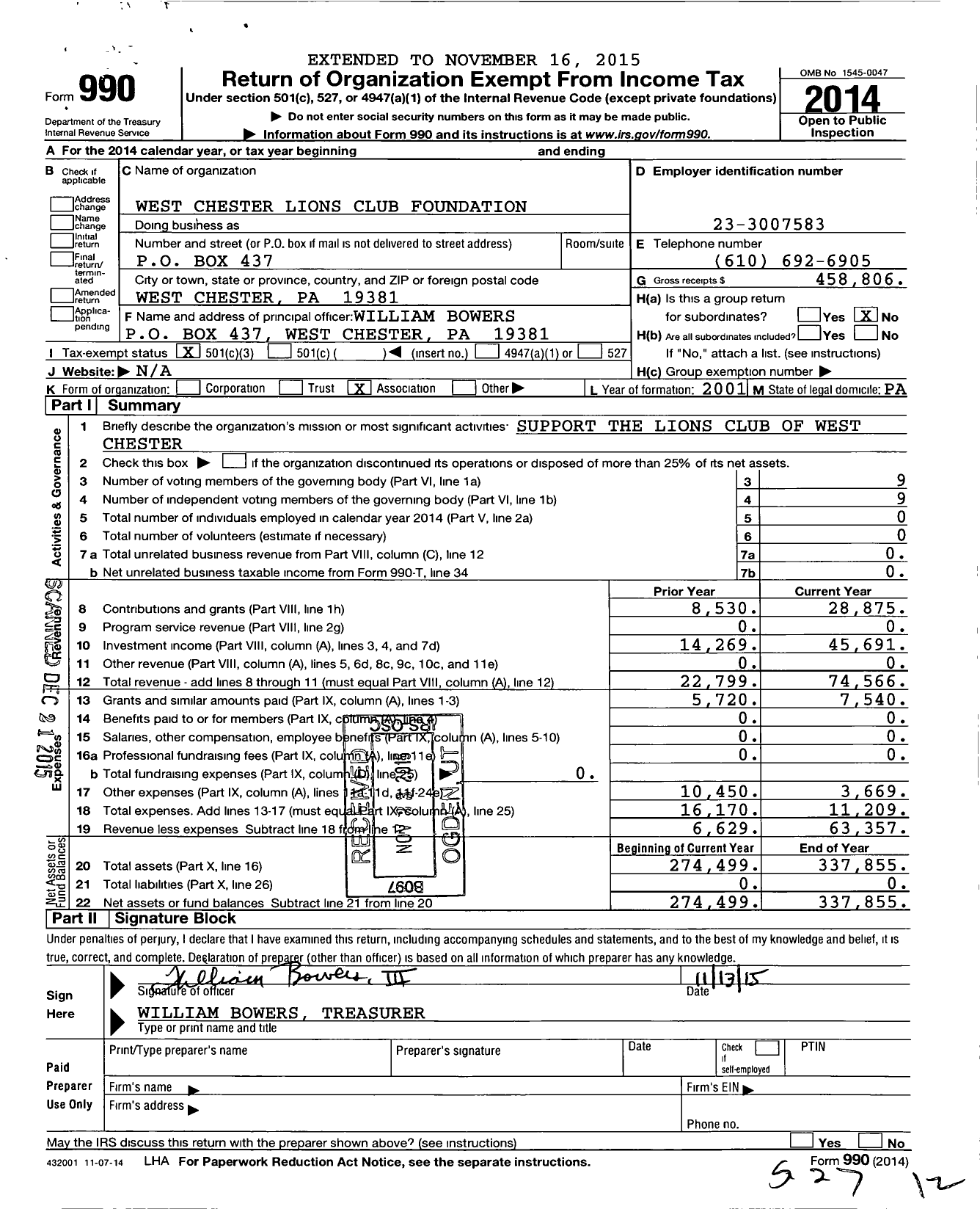 Image of first page of 2014 Form 990 for West Chester Lions Club Foundation