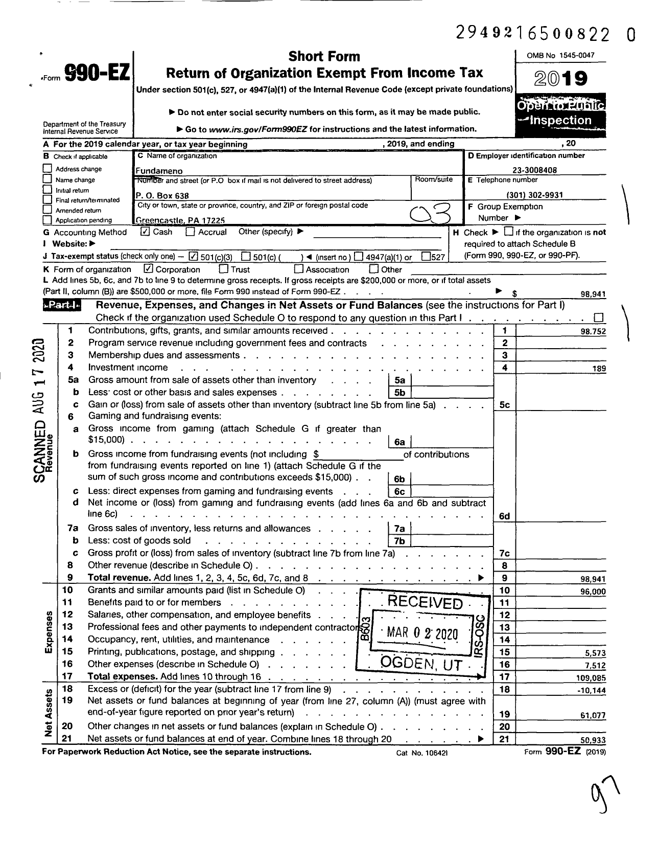 Image of first page of 2019 Form 990EZ for Fundameno