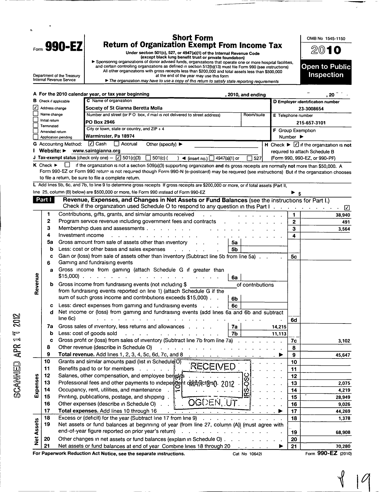 Image of first page of 2010 Form 990EZ for Society of Blessed Gianna Beretta Molla