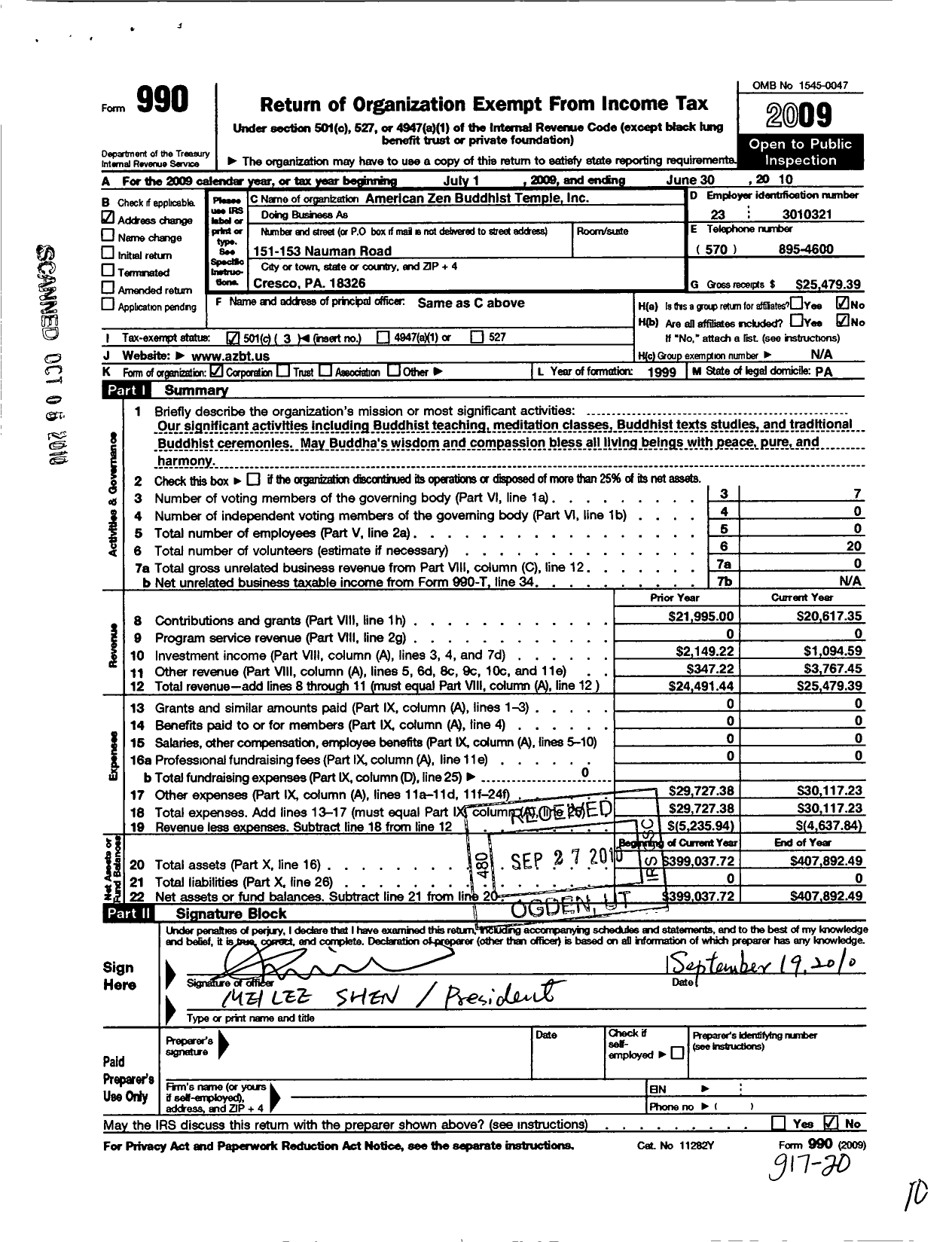Image of first page of 2009 Form 990 for American Zen Buddhist Temple