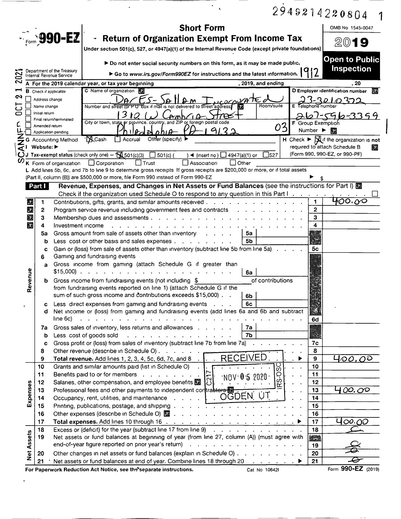 Image of first page of 2019 Form 990EZ for Dar-Es-Salaam