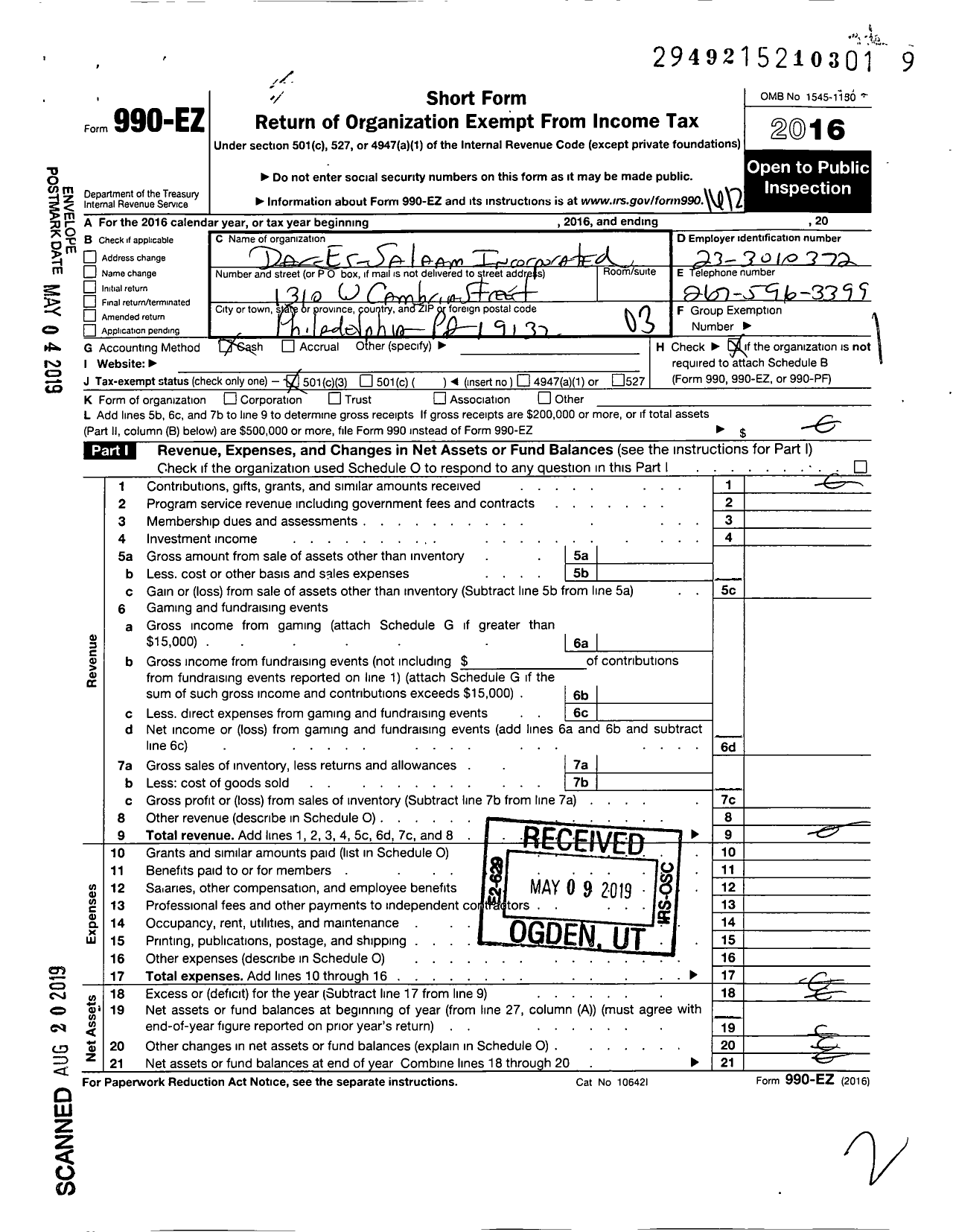 Image of first page of 2016 Form 990EZ for Dar-Es-Salaam