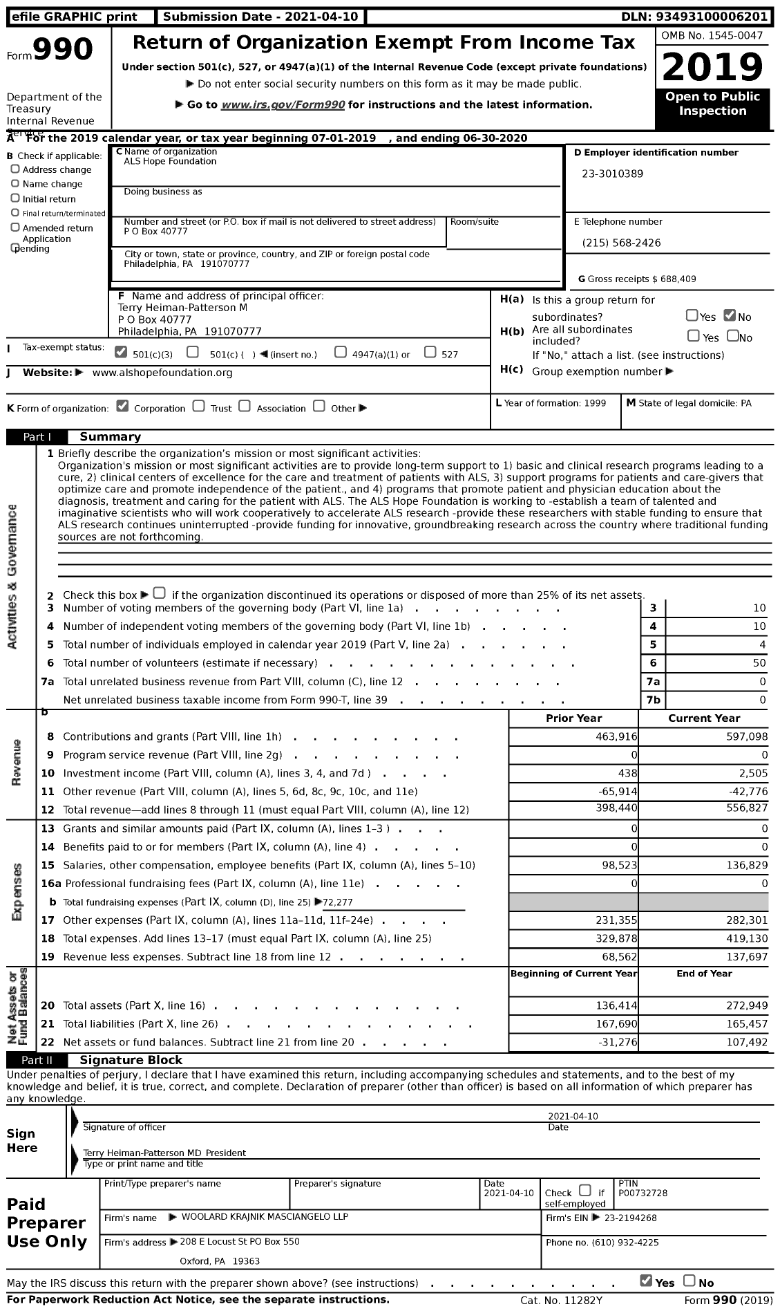 Image of first page of 2019 Form 990 for ALS Hope Foundation