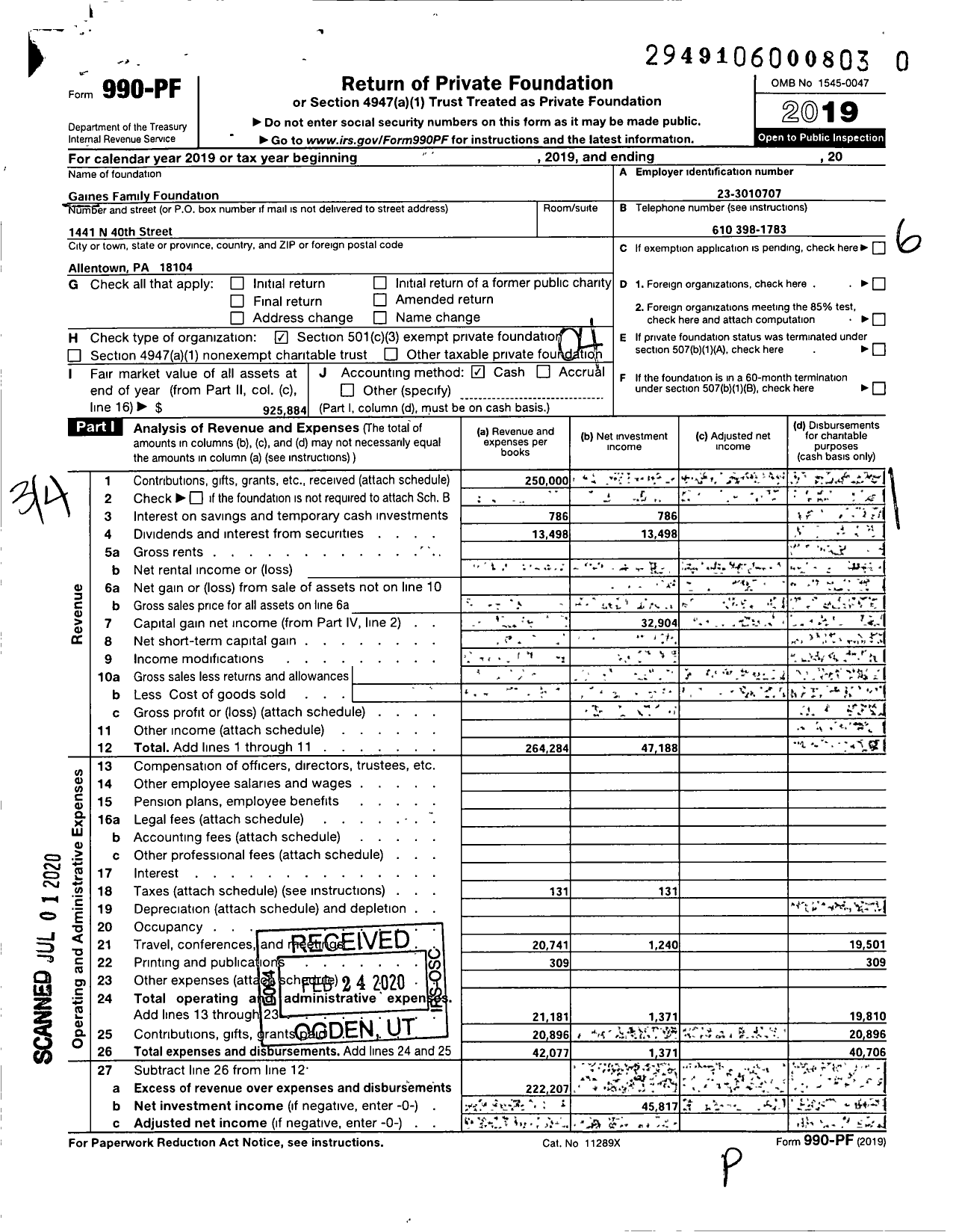 Image of first page of 2019 Form 990PR for Gaines Family Foundation