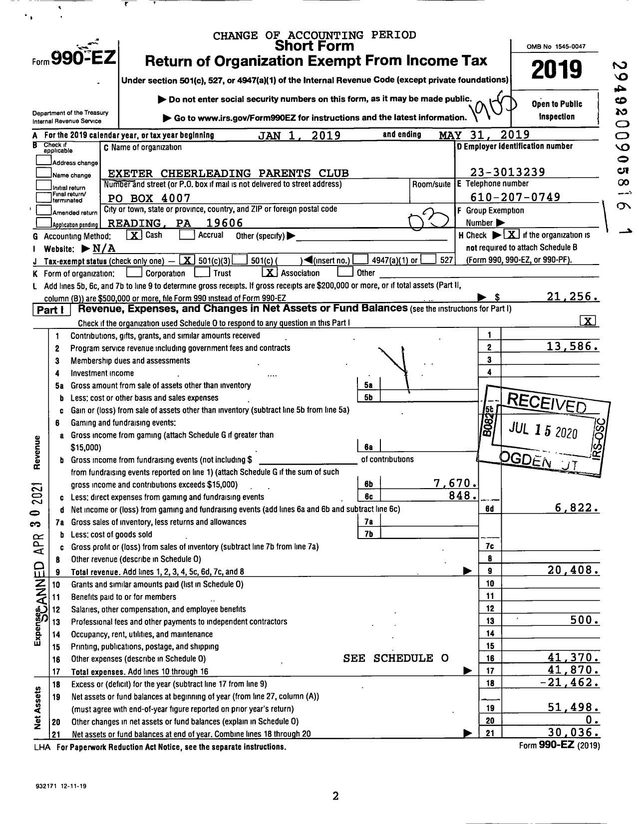 Image of first page of 2018 Form 990EZ for Exeter Cheerleading Parents Club