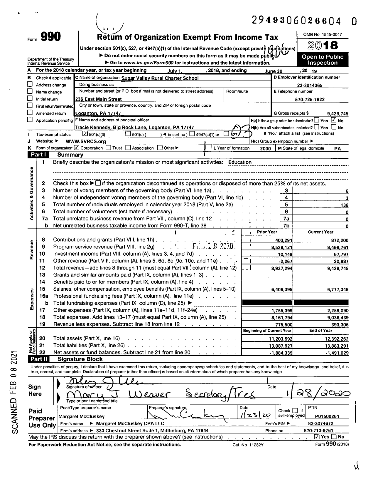 Image of first page of 2018 Form 990 for Sugar Valley Rural Charter School (SVRCS)