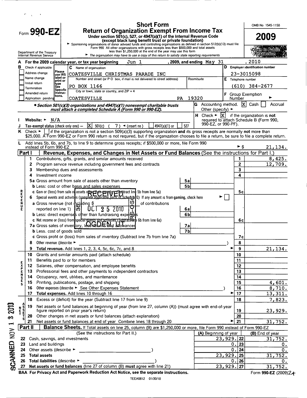 Image of first page of 2009 Form 990EO for Coatesville Christmas Parade