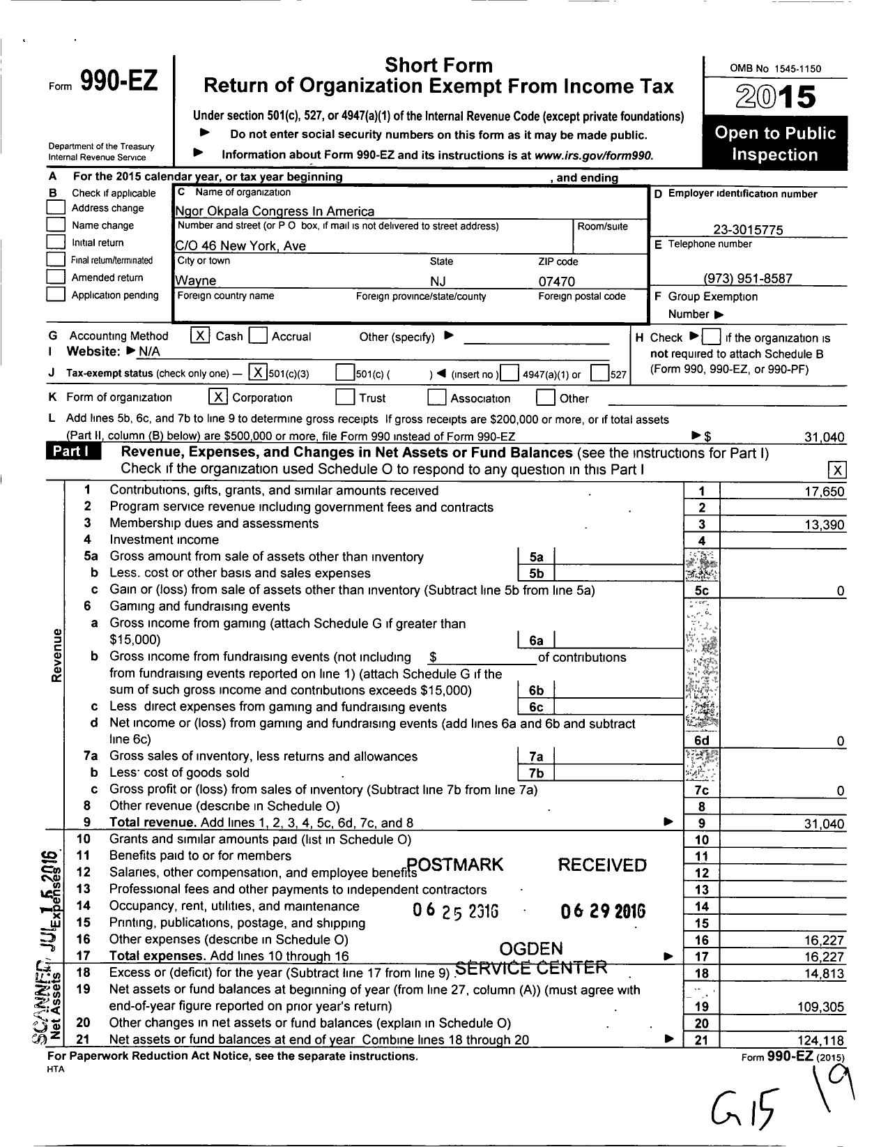 Image of first page of 2015 Form 990EZ for Ngor-Okpala Congress in America