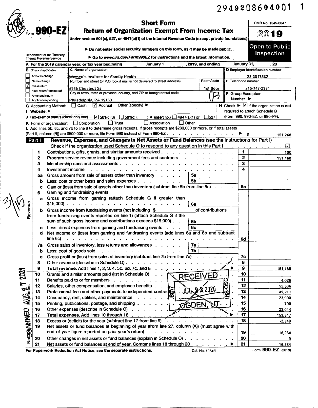 Image of first page of 2018 Form 990EZ for Womens Institute for Family Health