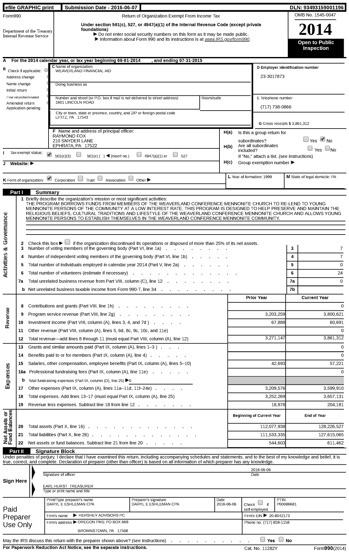 Image of first page of 2014 Form 990 for Weaverland Financial Aid